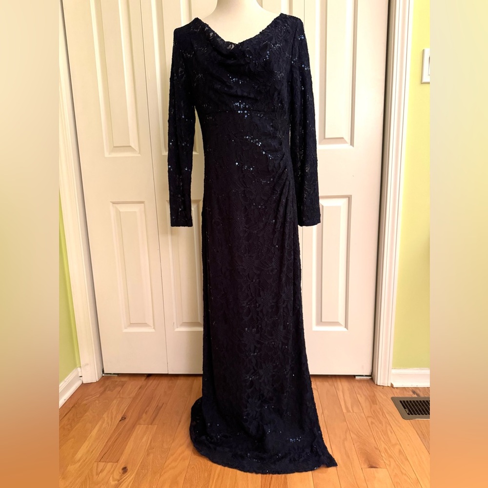 LAUREN Ralph Lauren Evening Navy Lace Sequence Long Dress 16 NWT